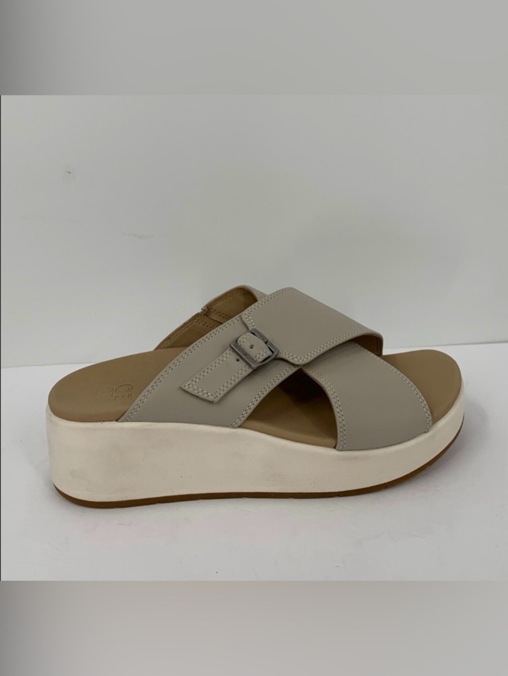 ABEO Solstice Cross wedge flatform slide sandal shoe beige leather tan brown 6.5
